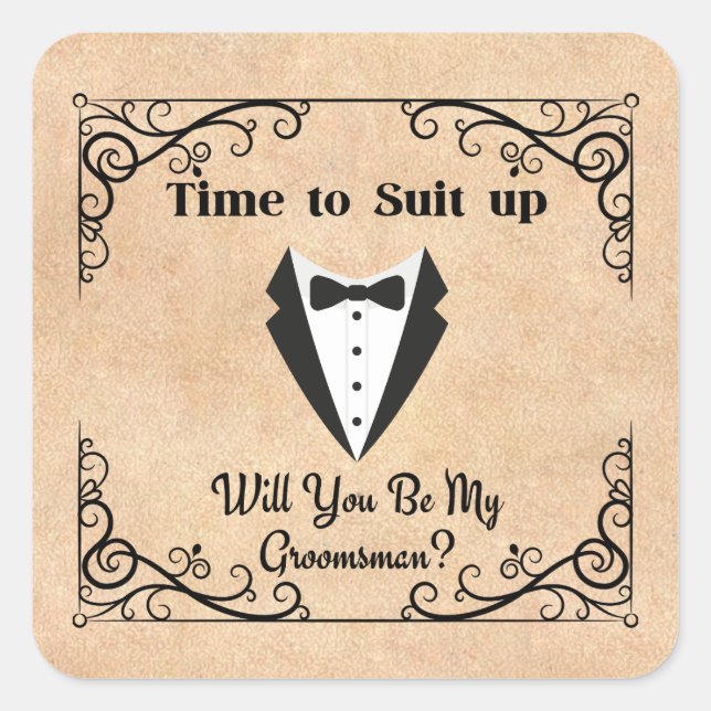 suit up groomsman proposal brown kraft square sticker (Front)