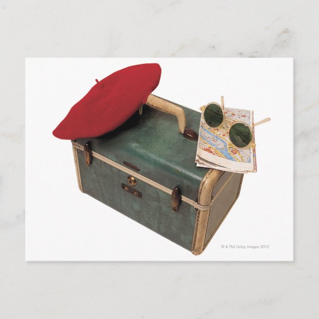 Suitcase , beret , map , and sunglasses postcard (Front)