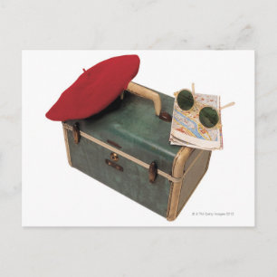 Suitcase , beret , map , and sunglasses postcard