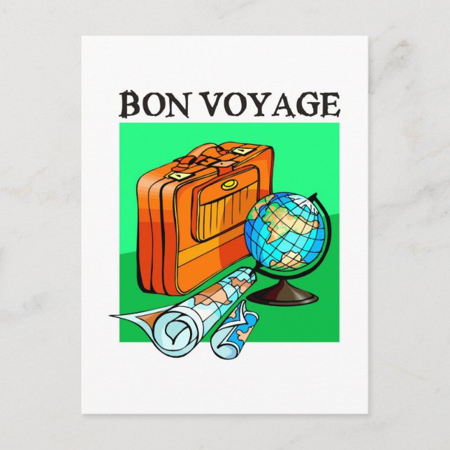 Suitcase, luggage, map and globe: Bon Voyage! Postcard (Front)