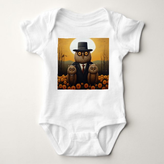 Suited Owl and Offspring in an Orange Twilight Baby Bodysuit (Front)