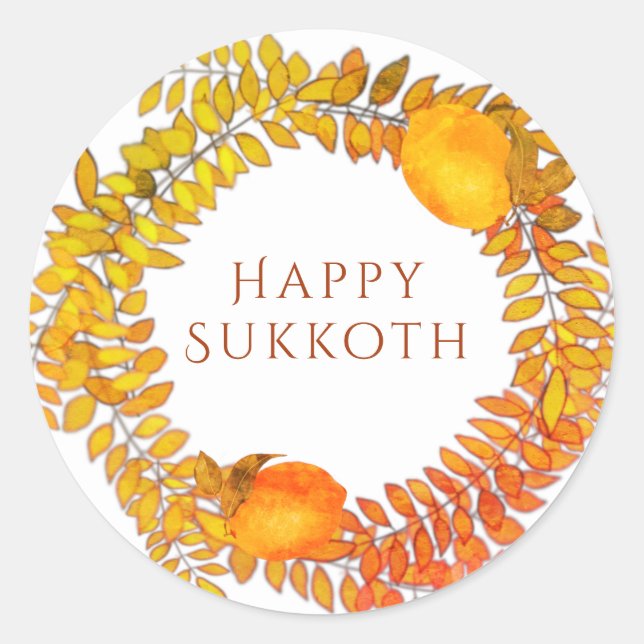 Sukkot  lemons and colourful leafy wreath  classic round sticker (Front)