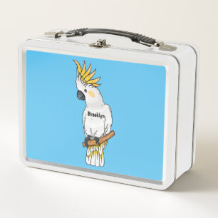 Sulphur-crested cockatoo bird cartoon illustration metal lunch box