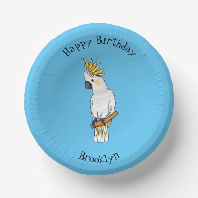 Sulphur-crested cockatoo bird cartoon illustration paper plate (Front)