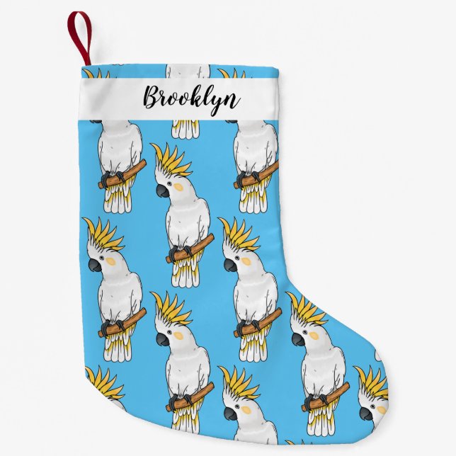 Sulphur-crested cockatoo bird cartoon illustration small christmas stocking (Front)