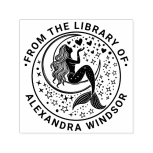 Sultry Mermaid on Crescent Moon Library Book Name Self-inking Stamp