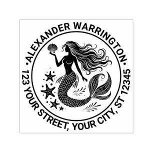 Sultry Mermaid Siren, Starfish Name Return Address Self-inking Stamp