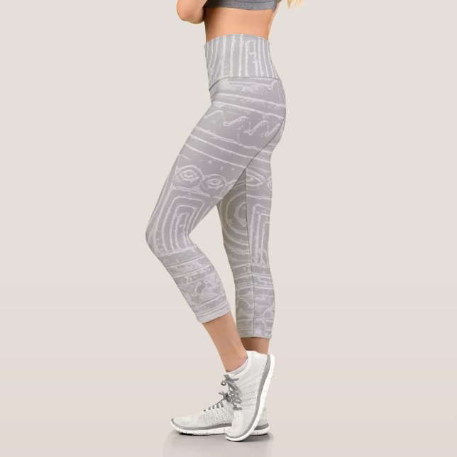 Sumerian Mesopotamian Pattern Grey Filter Capri Leggings (Left)