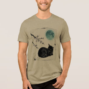 Sumi-e Black Cat Blue Moon Cherry Blossom Art Tri-Blend Shirt