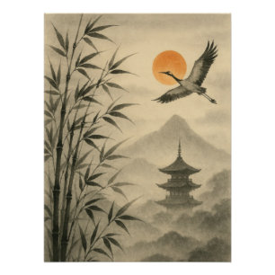 Sumi-e Crane Bamboo Poster Traditional Japanese