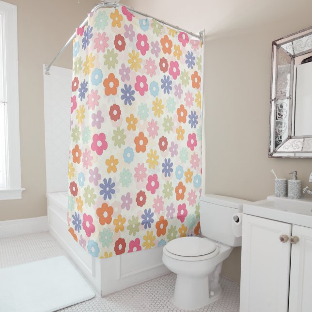 Summer 70’s Boho Retro Daisy Flowers Shower Curtain (In Situ)