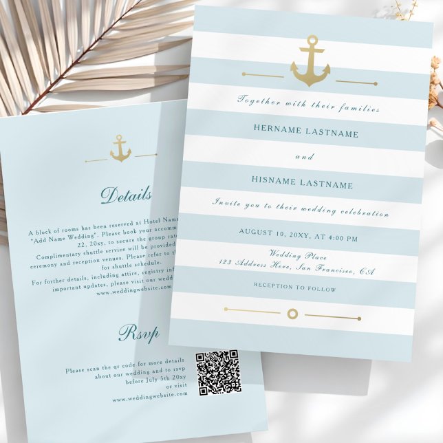 Summer Aqua Nautical QR RSVP All-In-One Wedding  Invitation (Creator Uploaded)