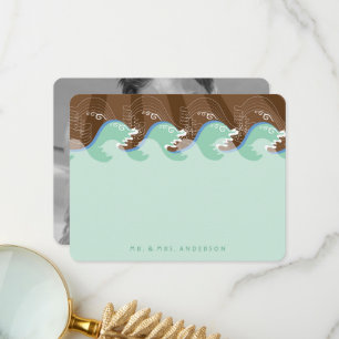 Summer Aqua Waves & Sun Photo Modern Beach Wedding Thank You Card
