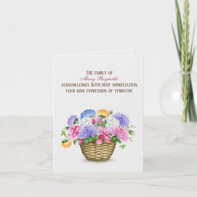 Summer Asters Basket Sympathy Thank You   Card (Front)