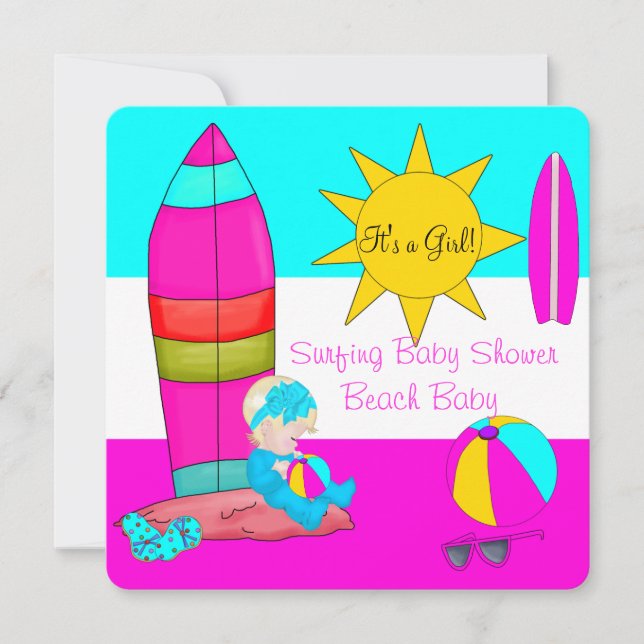 Summer Baby Shower Girl Beach Baby Surfing Baby 4 Invitation (Front)