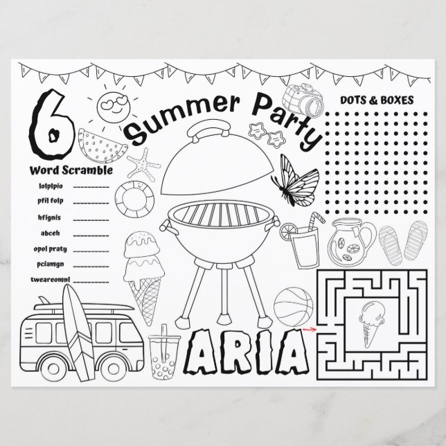 Summer baby shower placemat, Summer activity sheet (Front)