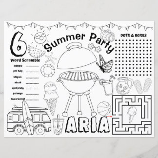 Summer baby shower placemat, Summer activity sheet