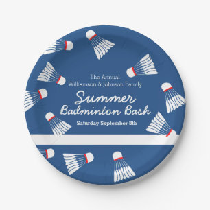 Summer badminton bash party blue and white paper plate