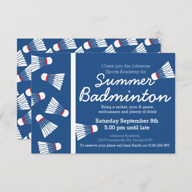 Summer badminton event invite blue & white (Front/Back)