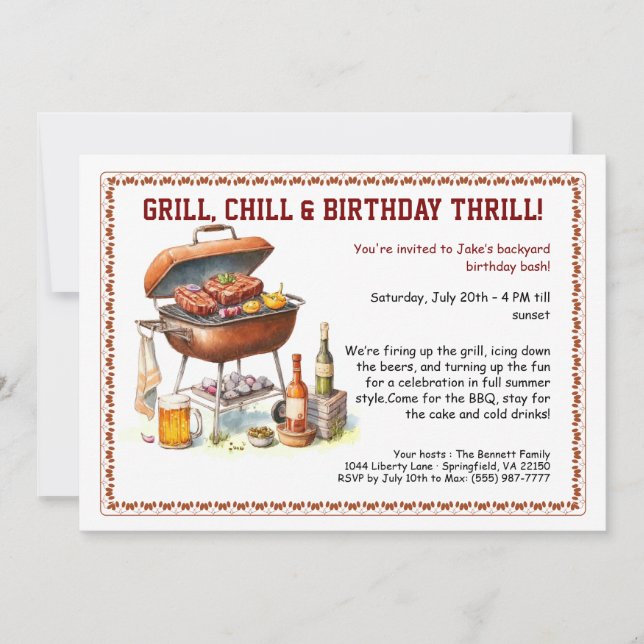 Summer BBQ Birthday Invitation with Beer Backyard  (Front)