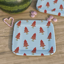 Summer BBQ Christmas in July Watermelon Tree Blue Paper Plate
