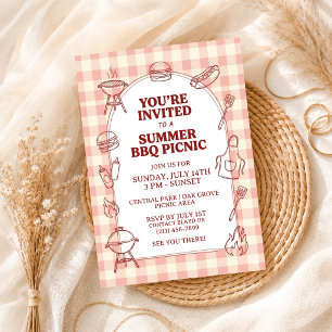 Summer BBQ Gingham Cookout Backyard Rustic Party Invitation