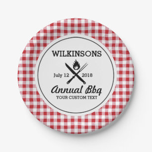 Summer BBQ Grill Cookout Reunion Red Gingham Check Paper Plate