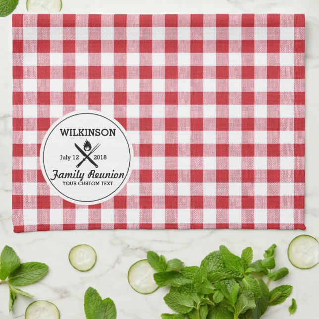 Summer BBQ Grill Cookout Reunion Red Gingham Check Tea Towel (Folded)
