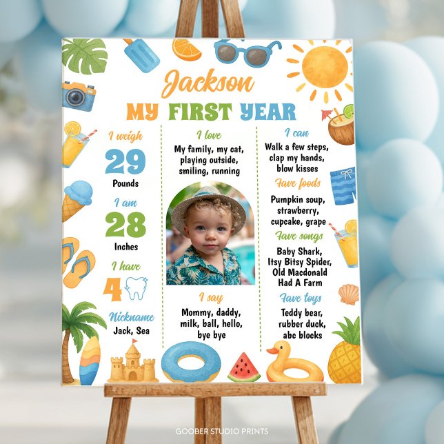 Summer Beach 1st Birthday Party Photo Milestone Poster (Creator Uploaded)