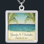 Summer Beach and Palm Trees Wedding Memento Silver Plated Necklace<br><div class="desc">A beach themed wedding design for a summer wedding featuring an image of the ocean and beach sand with palm trees framing the scene. Perfect for those planning a relaxed and informal beach wedding. The text is fully customisable for your own special occasion. This coordinates with the Summer Beach and...</div>