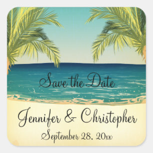 Summer Beach and Palm Trees Wedding Save the Date Square Sticker