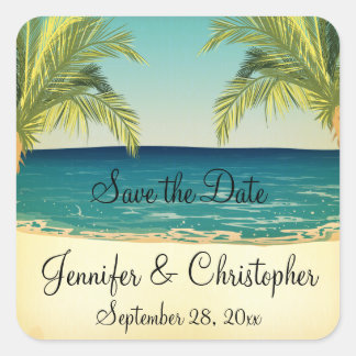 Summer Beach and Palm Trees Wedding Save the Date Square Sticker