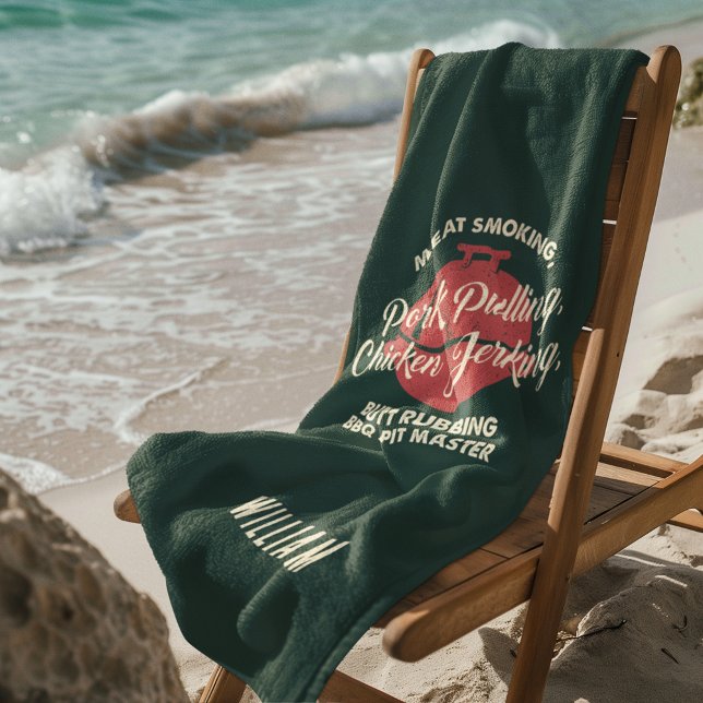 Summer Beach BBQ Pit Master Green Custom Towel (Fun Barbeque Green Beach Towel)