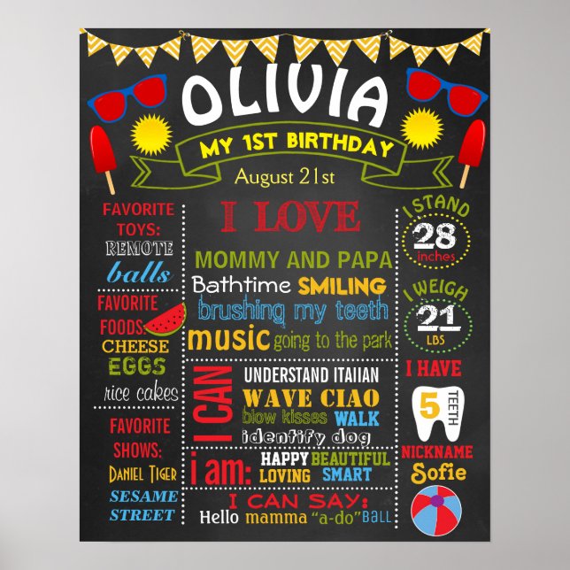 Summer beach birthday party chalkboard baby girl poster (Front)