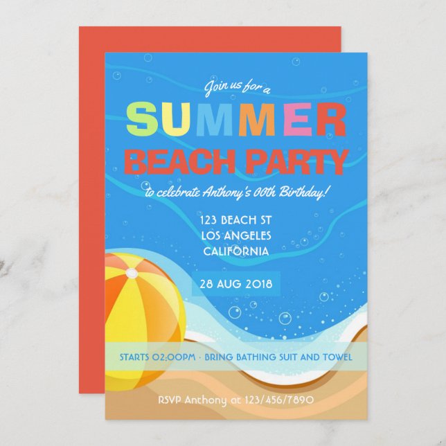 Summer Beach Birthday Party Invitation (Front/Back)