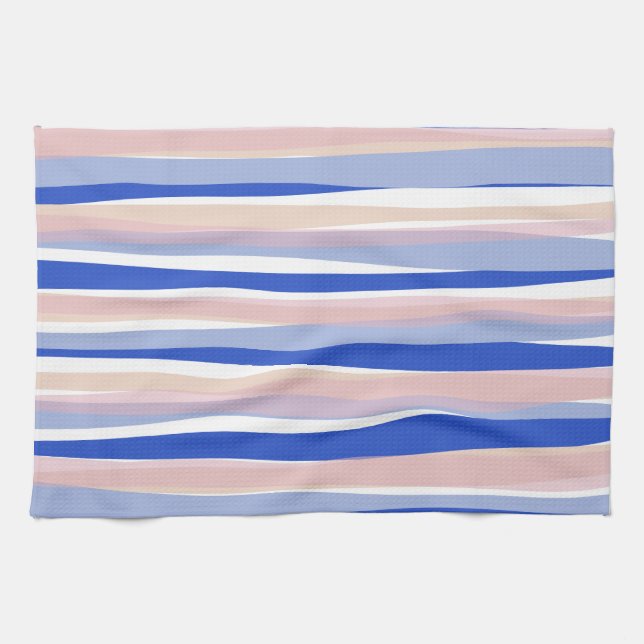 Summer beach blue pink beige stripes  tea towel (Horizontal)