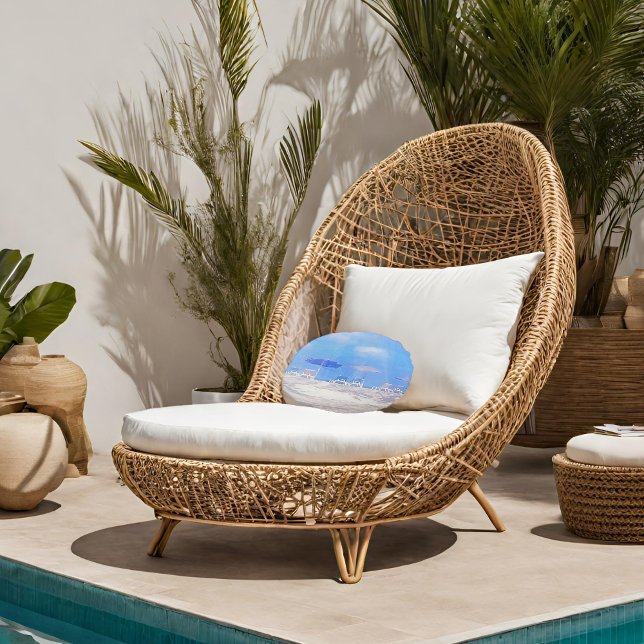 Summer Beach Blue White Round Cushion (Creator Uploaded)