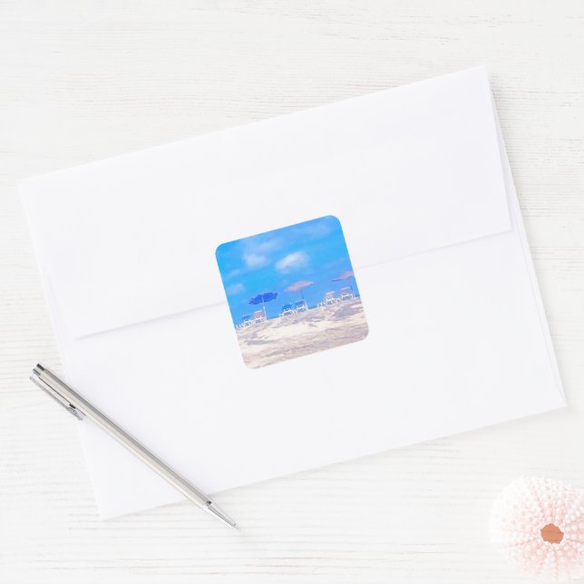 Summer Beach Blue White Square Sticker (Envelope)