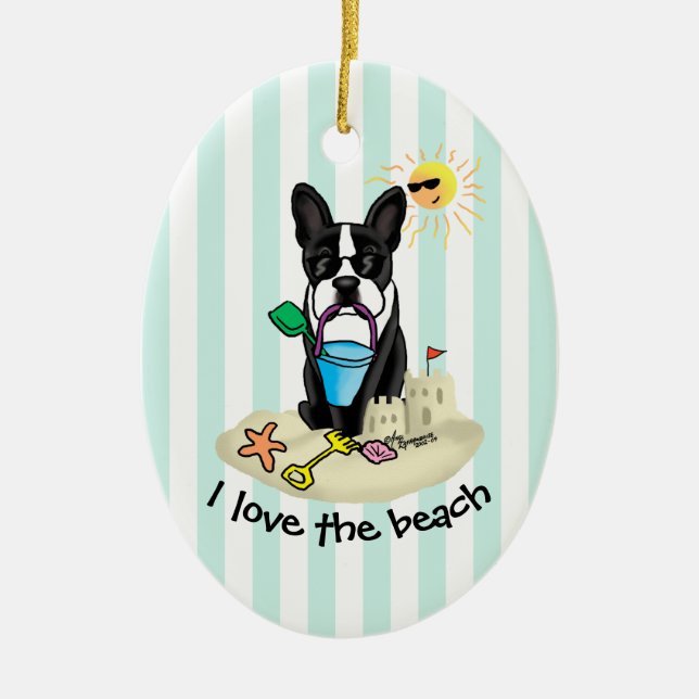 Summer Beach Boston Terrier Dog (black) Cute Ceramic Tree Decoration (Front)