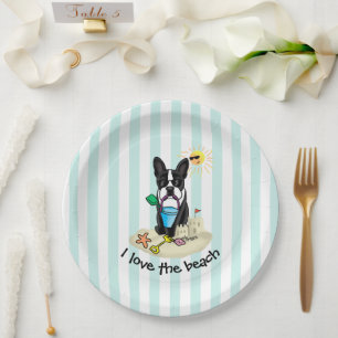 Summer Beach Boston Terrier Dog (black) Cute Paper Plate