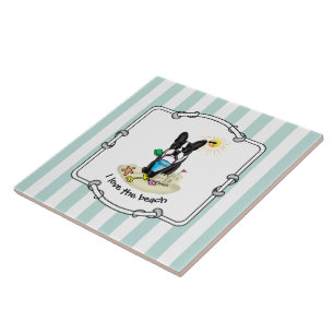 Summer Beach Boston Terrier Dog (black) Cute Tile