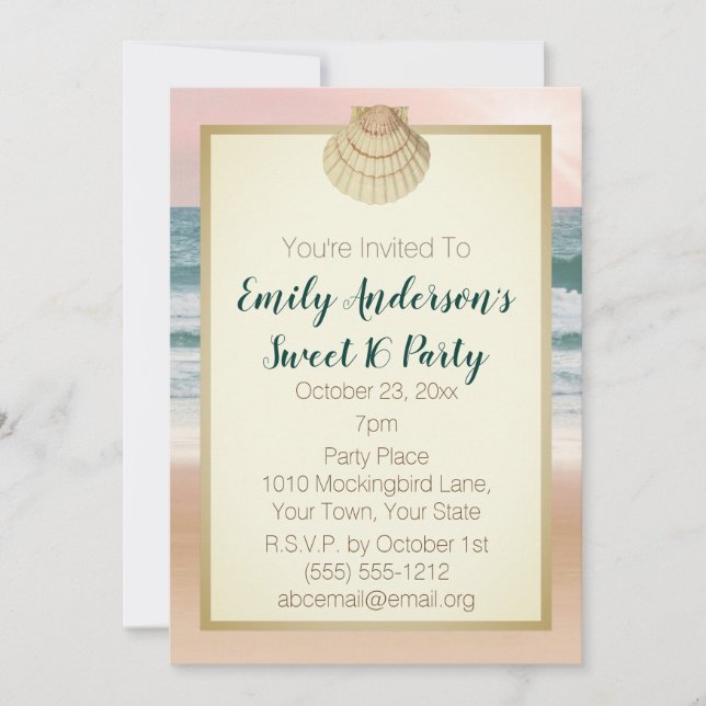 Summer Beach Cream Seashell Pink Sunset Sweet 16 Invitation (Front)