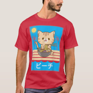 Summer beach cute anime kawaii cat ramen vacation T-Shirt