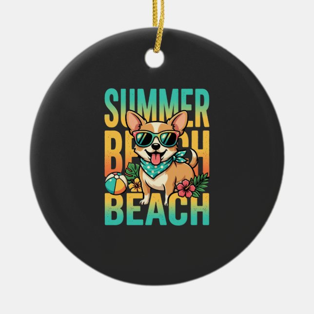 Summer Beach Dog Vacation Vector Ceramic Tree Decoration (Front)