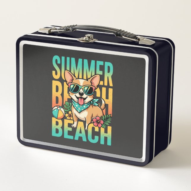 Summer Beach Dog Vacation Vector Metal Lunch Box (Front)