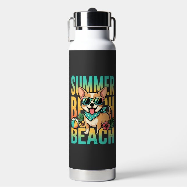 Summer Beach Dog Vacation Vector Water Bottle (Front)