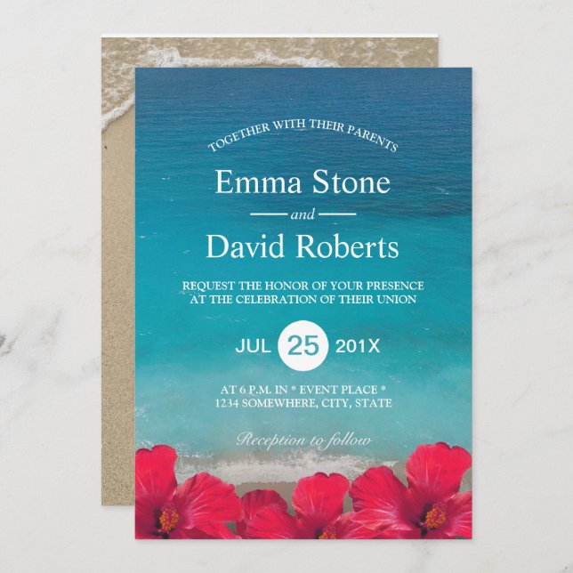 Summer Beach Elegant Tropical Flowers Wedding Invitation (Front/Back)