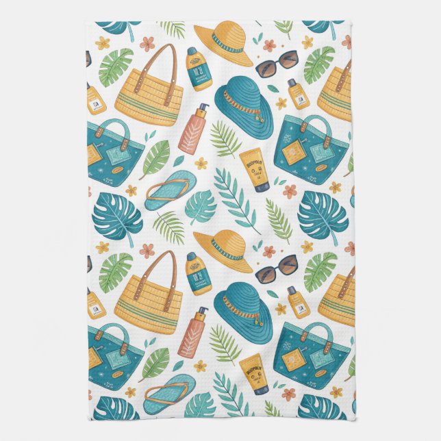 Summer Beach Essentials Pattern (1) Tea Towel (Vertical)