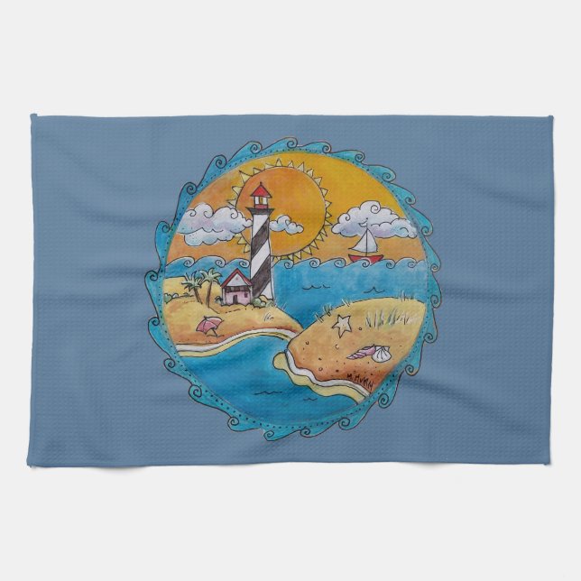 Summer beach fun sunny seashore coastal tea towel (Horizontal)