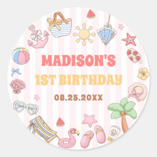 Summer Beach Girl Birthday Favour Classic Round Sticker